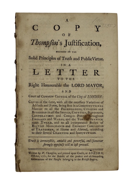 Photo of "A copy of Thompson's Justification, ..."